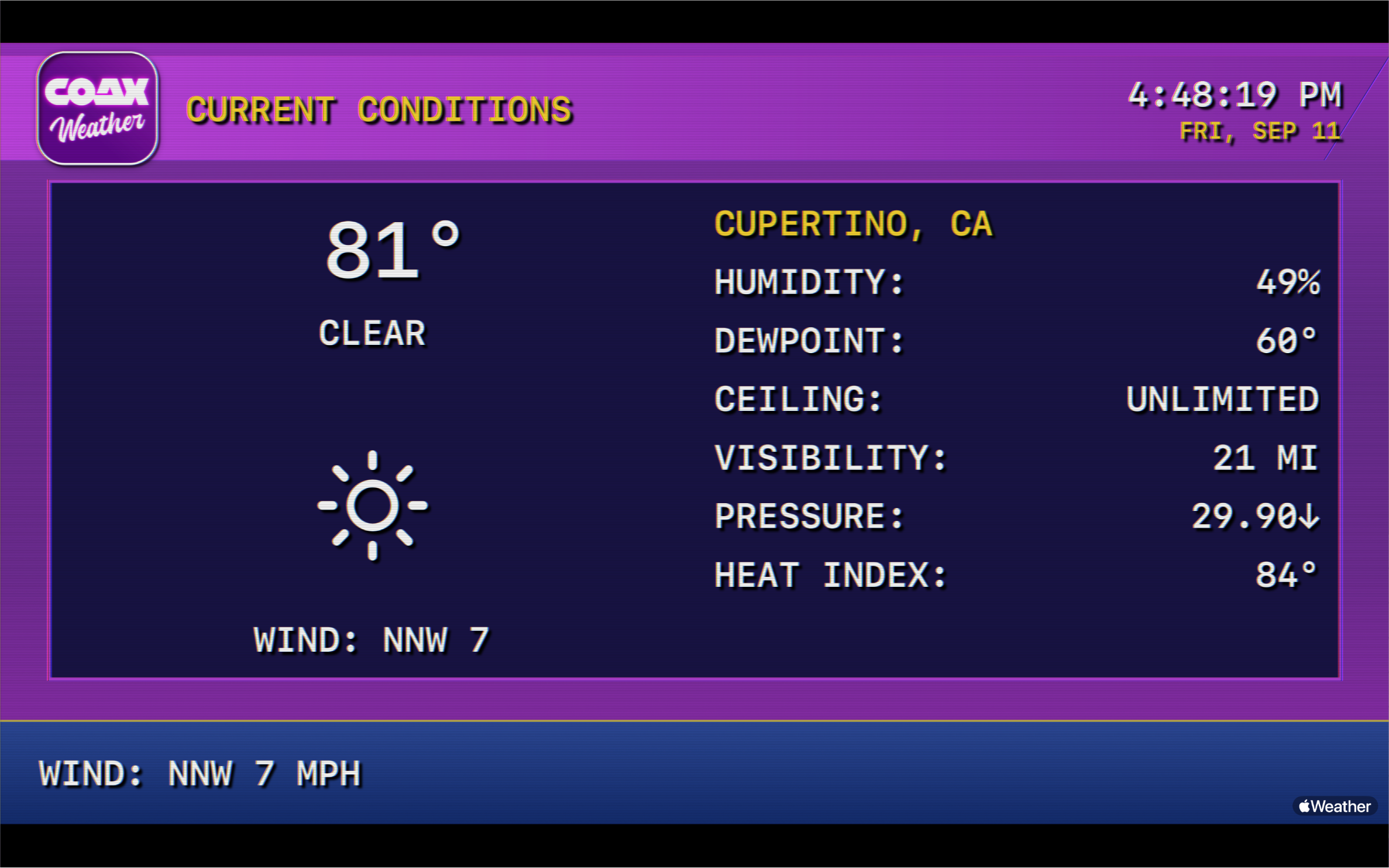 The Coax Weather Channel showing a local forecast on a slowly rotating screen